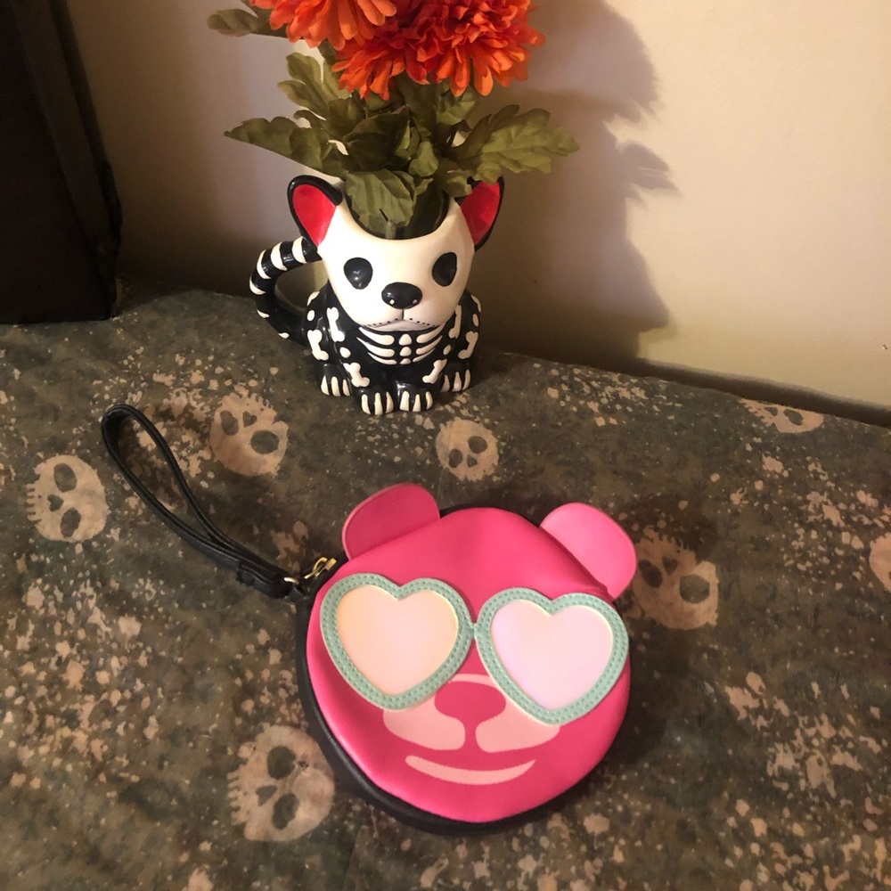 Betsey Johnson Pink/Black Teddy Bear Wearing Sunglasses Wristlet